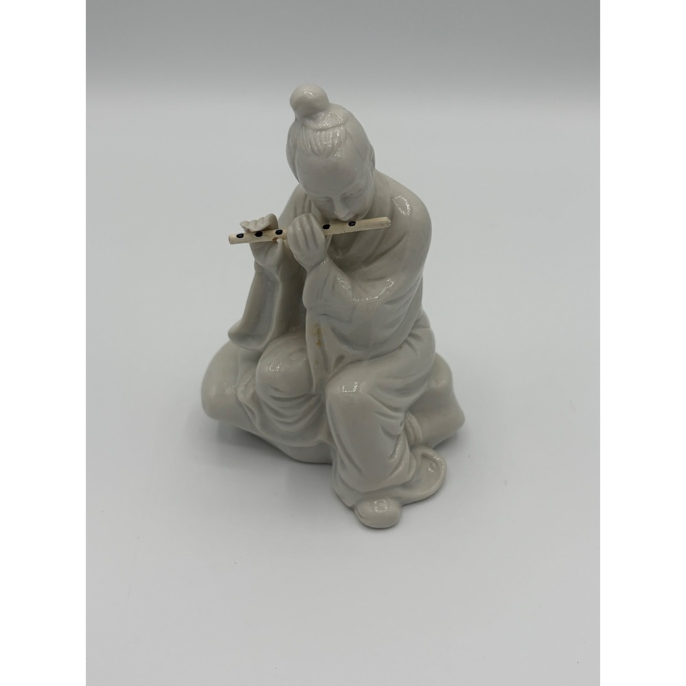 Vintage Blanc de Chine Porcelain Flute Player Figurine Seated Man White Glaze